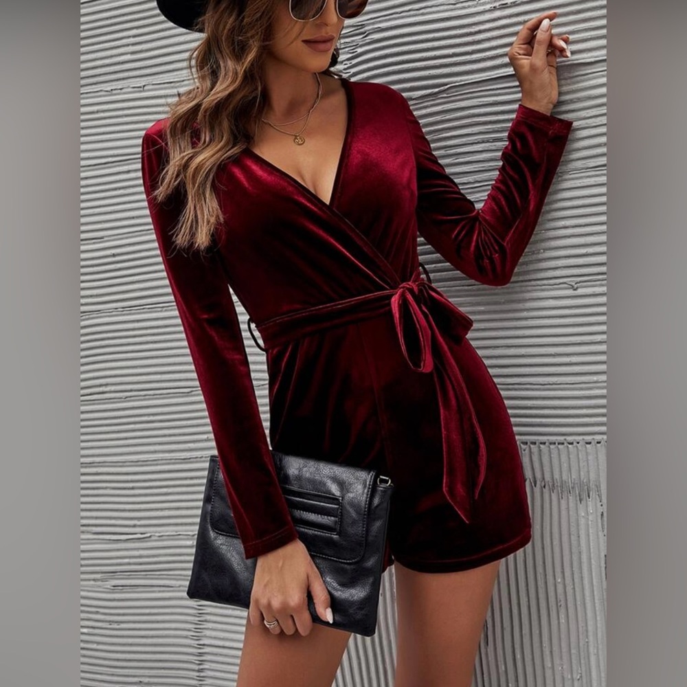 Burgundy Velvet Long Sleeve Romper